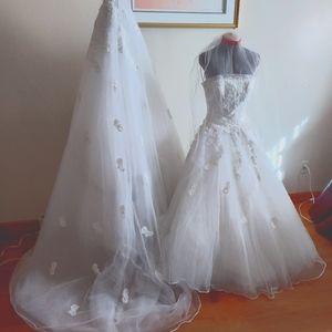 White Beaded Bodies Wedding Dress With Long Detachable Train. Dress size 8